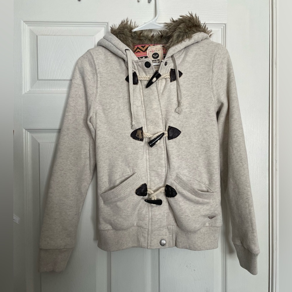 Vintage Y2K Roxy Cream Jacket with Fur Hood Size Small